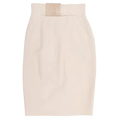 Pre-owned Versace Cream  Medusa Head Knee-length Pencil Skirt Size It 38 In White