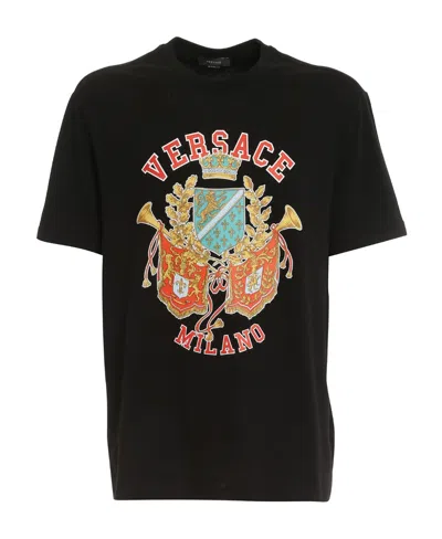 Versace Crest Logo-print Crew-neck T-shirt In Multicolor