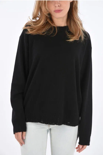 Versace Crew Neck Cashmere Jumper With Distressed Details In Black