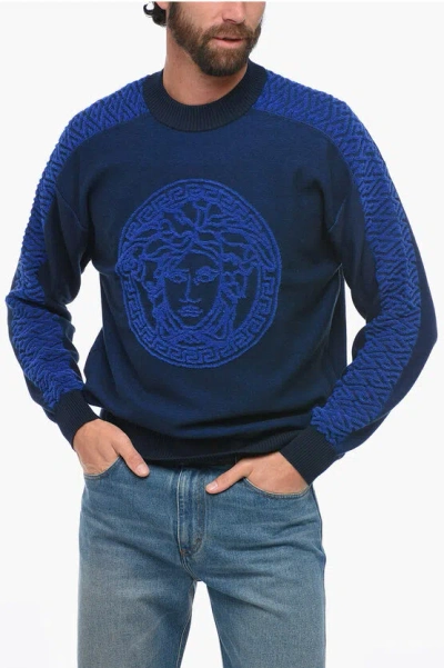 Versace Crew Neck Cotton Medusa Jumper With Terry Details In Blue