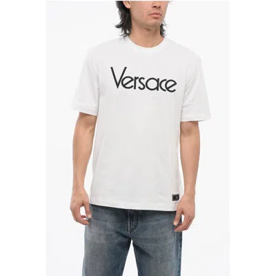 Versace Crew Neck Cotton T-shirt With Embroidered Logo In White