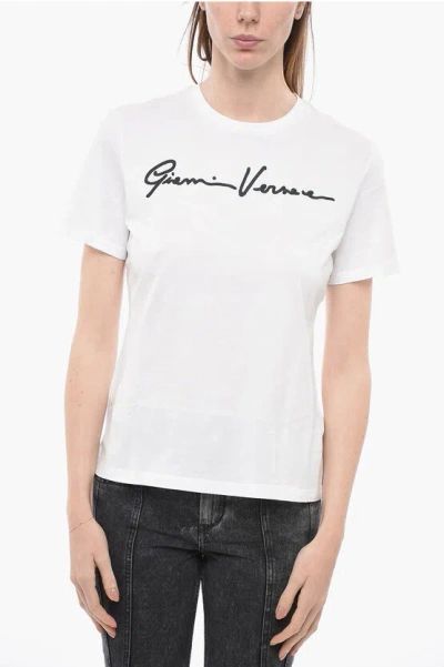Versace Crew Neck Cotton T-shirt With Embroidered Logo In White