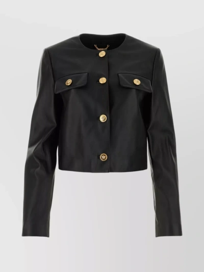 VERSACE CREW-NECK CROPPED LEATHER JACKET