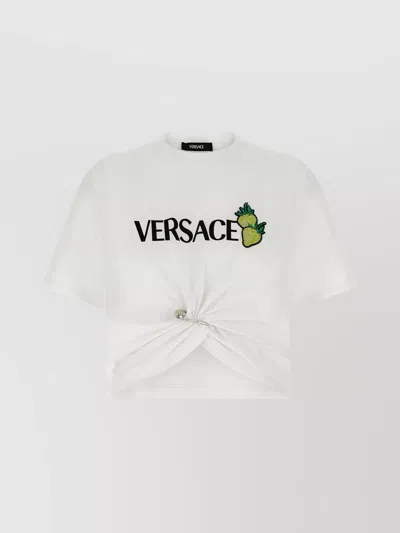 Versace Crew Neck Embroidered Knot Detail T-shirt In White