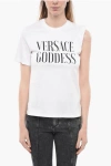 VERSACE CREW NECK GODDESS COTTON T-SHIRT WITH GATHERED SLEEVE