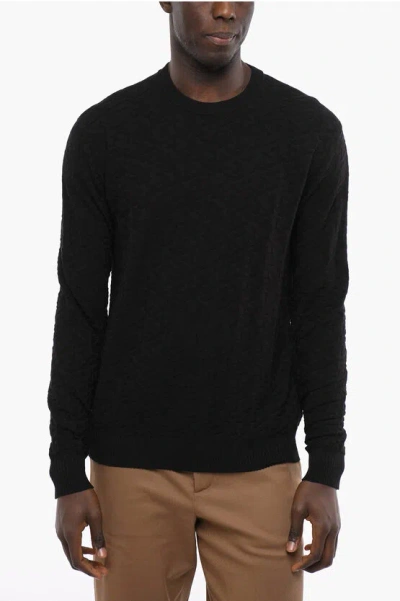 Versace Crew Neck Jacquard Cotton Blend Sweater In Black