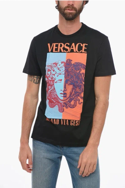 Versace Crew Neck Medusa Cotton T-shirt With Maxi Print In Black