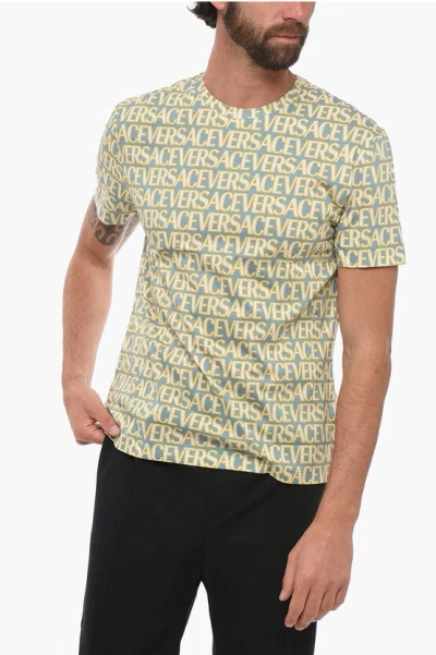 Versace Crew Neck Monogram Cotton T-shirt In Green