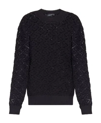 Versace Crew-neck Open-knit Sweater In Black