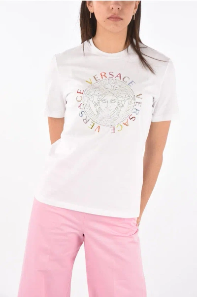 Versace Crew Neck Strass Logo Cotton T-shirt In White
