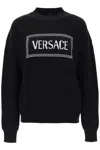 Versace Crew-neck Sweater With Logo Inlay In Nero+bianco