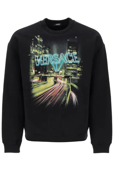 Versace Crew-neck Sweatshirt With City Lights Print In Nero