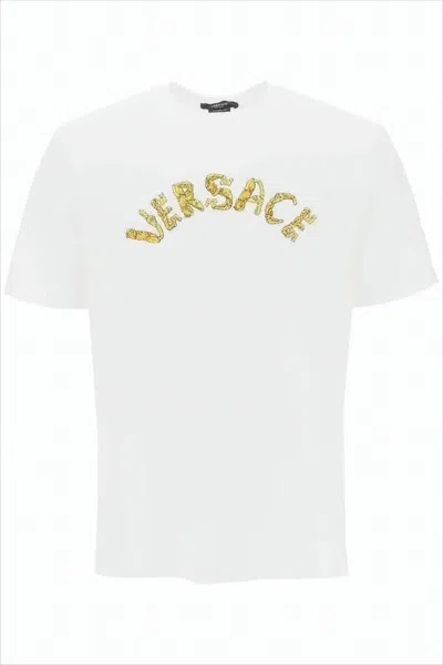 Versace Crew Neck T-shirt With Bold Gold Logo Design In Multi