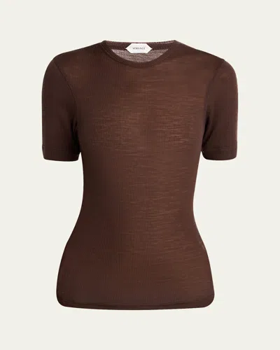 Versace Crewneck Ribbed Wool Tee In Brown