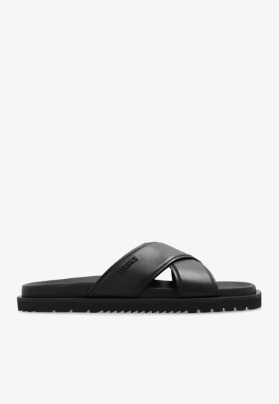 Versace Crisscross Leather Slides In Black