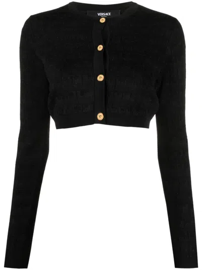 Versace Croc-jacquard Cropped Cardigan In Black