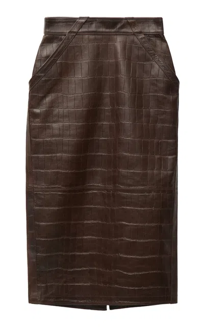 Versace Croc-embossed Leather Midi Skirt In Brown