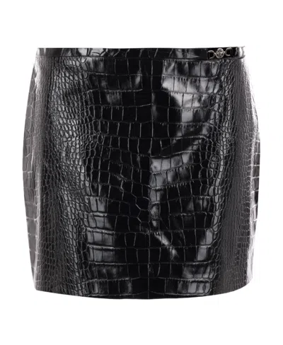 Versace Crocodile-effect Leather Miniskirt In Black