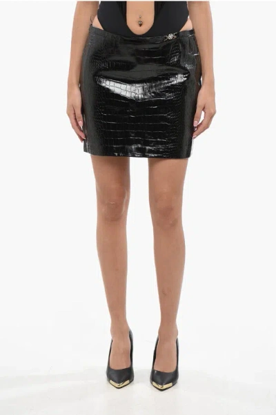 VERSACE CROCODILE-EFFECT LEATHER MINISKIRT WITH ZIP