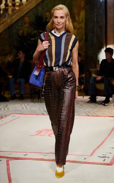 Versace Crocodile-effect Plonge Nappa-leather Straight-leg Pants In Brown