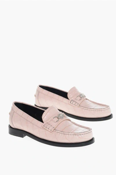 Versace Crocodile Effect Printed Leather Loafers In Pink