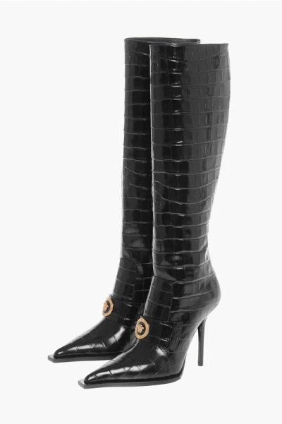 Versace Crocodile Effect Printed Leather Under The Knee Boots 11cm