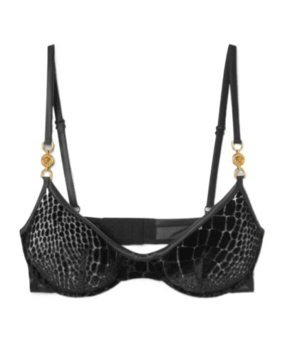 Versace Crocodile-effect Velvet Devorè Bra In Black