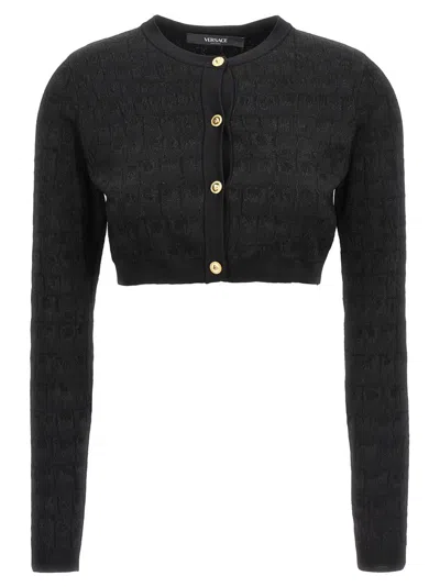 Versace Crocodile Jacquard Knit Cardigan With Gold Buttons In Black