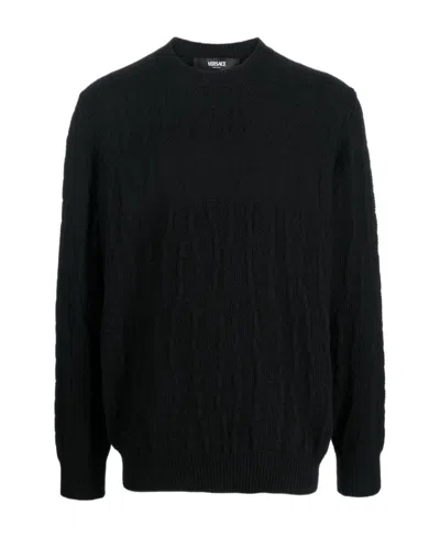 Versace Crocodile-pattern Cable-knit Jumper In Black