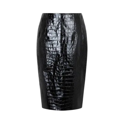 Versace Crocodile Print Black Embossed Leather Skirt