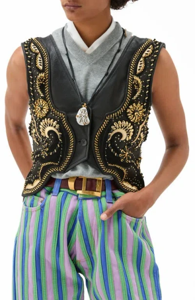 Versace Crop Beaded Leather Vest In Black