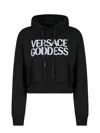 Versace Cropped Cotton Hoodie With Ribbed Finish In Black