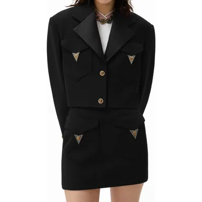 Versace Crop Stretch Wool Blazer In Black