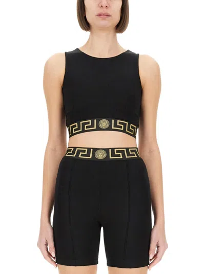 Versace Crop Top With Greek Border In Black