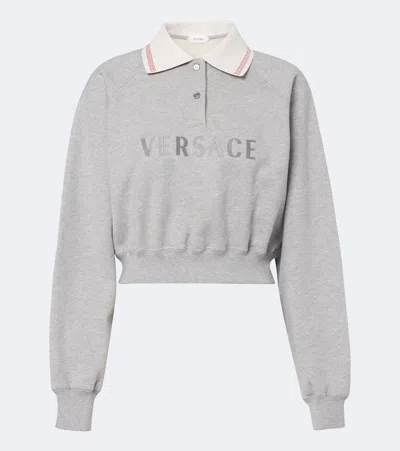 Versace Cropped Crewneck Top Contrast Collar Hem In Gray