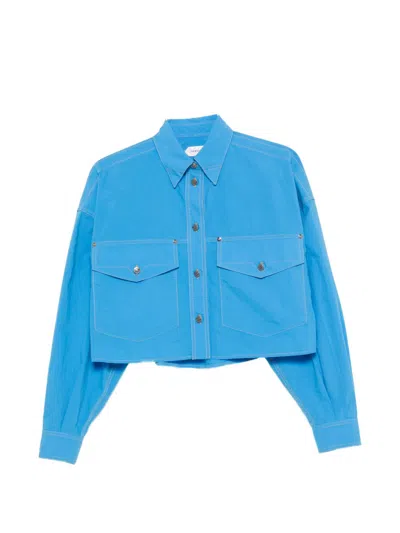 Versace Cropped Cotton Shirt In Blue
