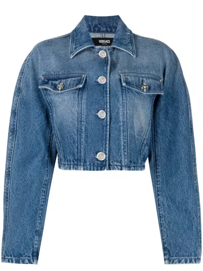 Versace Stone-washed Crop Denim Jacket In Medium Blue