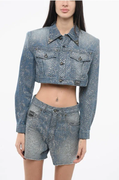 Versace Cropped Denim Jacket With Glitter In Blue