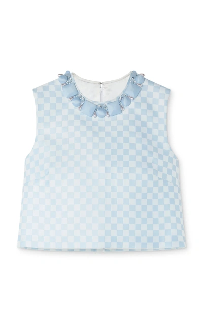 Versace Cropped Embroidered Damier-print Duchess Satin Top In Pastel Blue