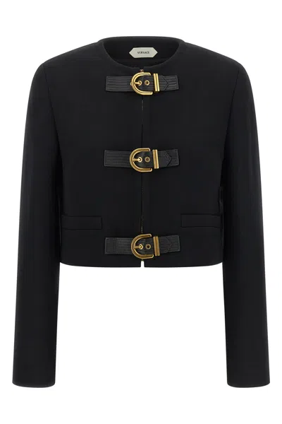 Versace Cropped Jacket Gold-tone Buckle Detail In Black