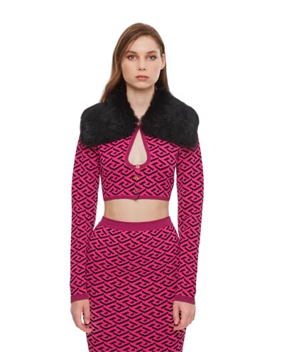 Versace Cropped Knitted Sweater With Faux Fur Collar In Pink