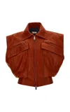 Versace Cropped Leather Vest Jacket In Brown