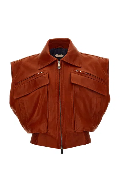 Versace Cropped Leather Vest Jacket In Brown