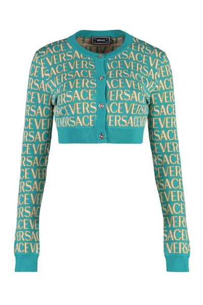Versace Cropped-length Knitted Cardigan In Blue