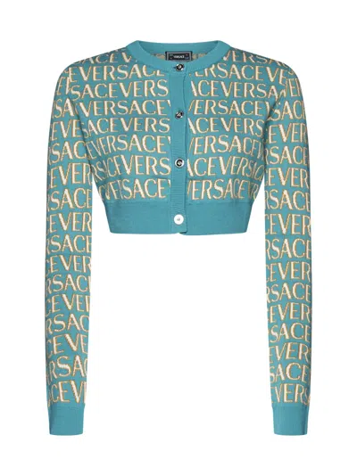 Versace Cropped-length Knitted Cardigan In Turquoise
