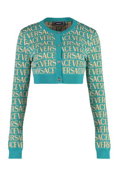 Versace Cropped-length Knitted Cardigan In Turquoise