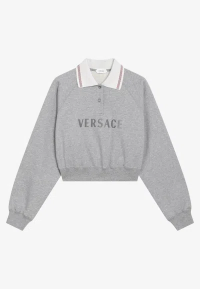 Versace Logo-embroidered Cropped Sweatshirt In Gray