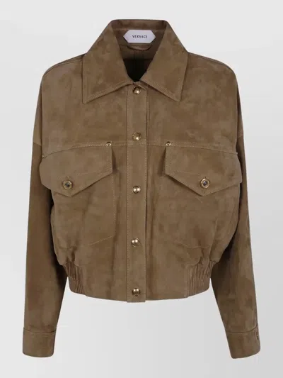Versace Cropped Suede Texture Leather Blouson Jacket In Neutral