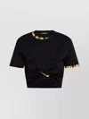 Versace Cropped T-shirt With Baroque Print Trim In Black