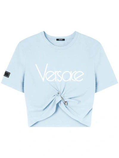 Versace Cropped T-shirt With Print In Blue